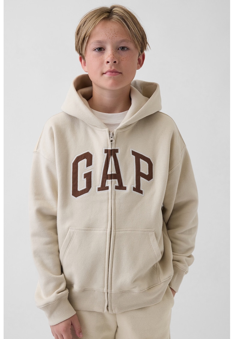 Hanorac din amestec de bumbac cu fermoar si logo - Maro/Bej