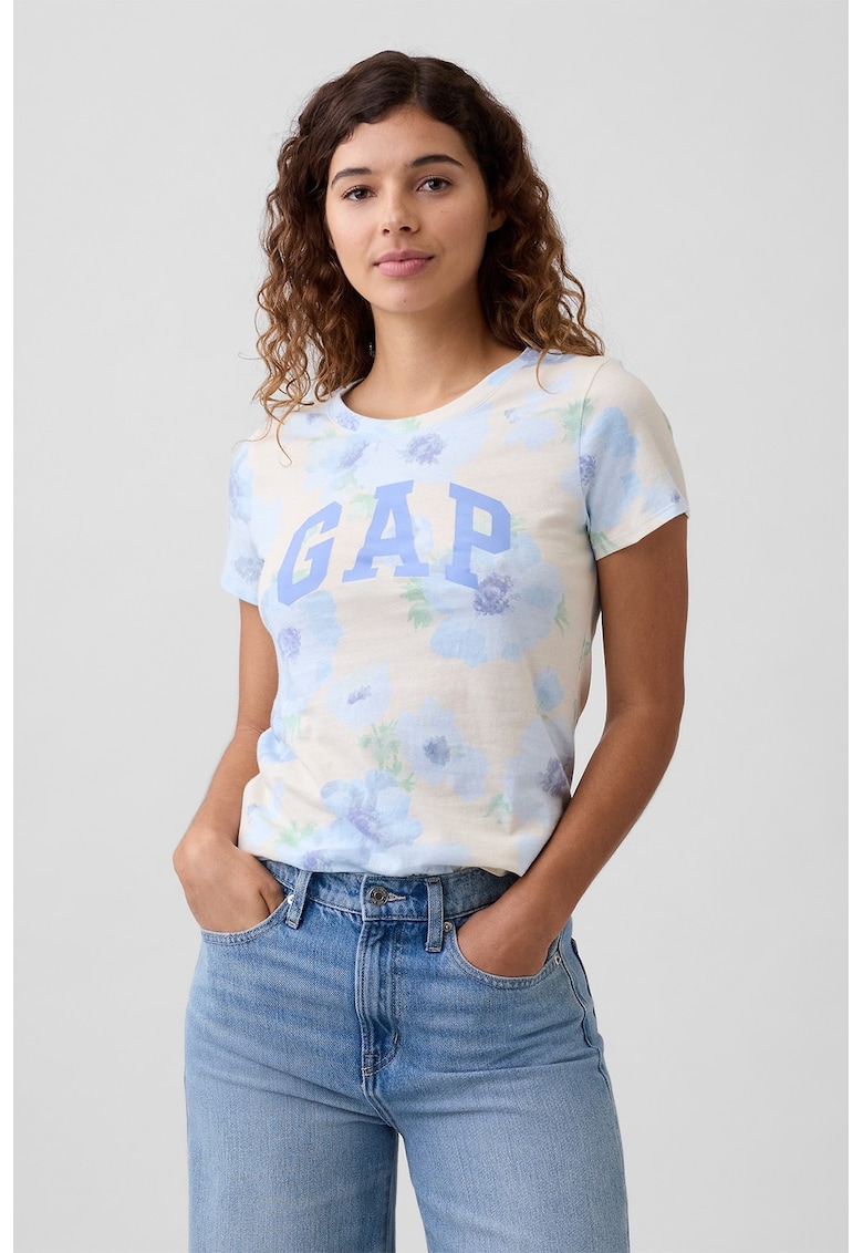 Tricou slim fit cu imprimeu floral - Bej/Albastru