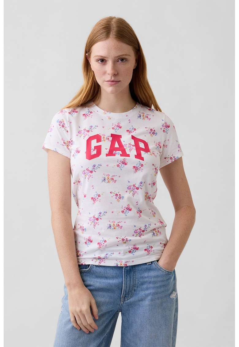 Tricou slim fit cu imprimeu floral - Alb/Fucsia