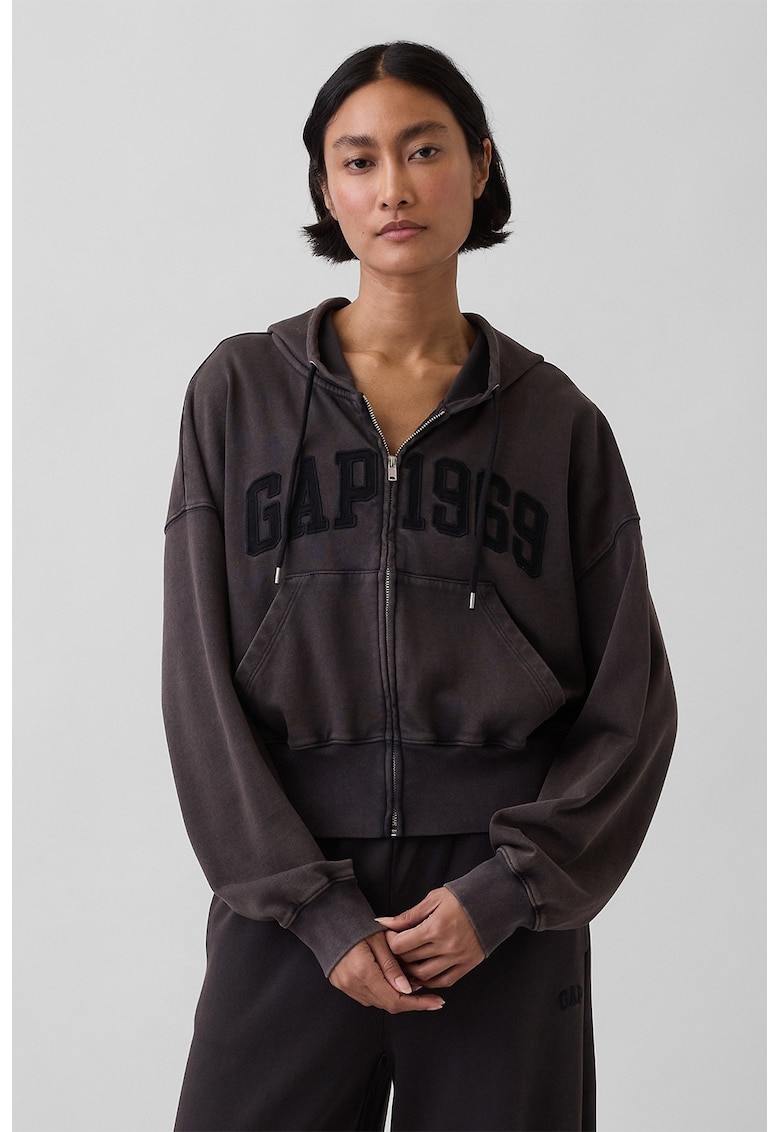 Hanorac supradimensionat cu fermoar si aplicatie logo - Maro inchis