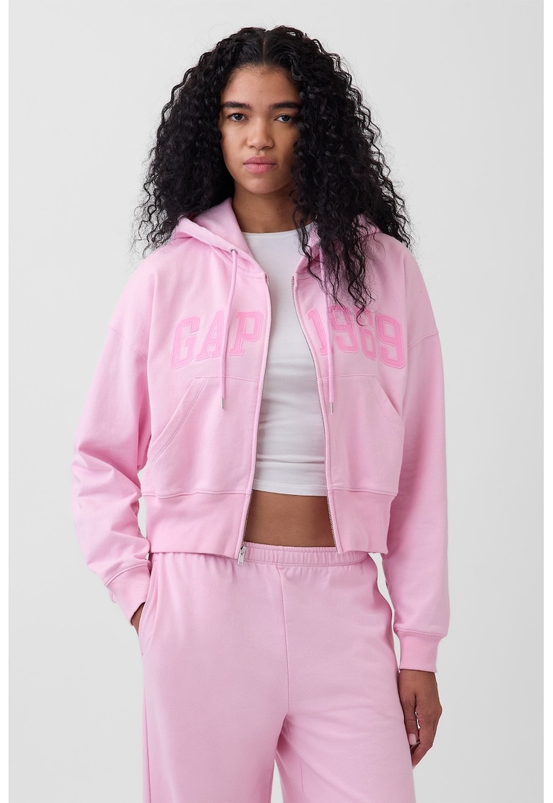 Hanorac supradimensionat cu fermoar si aplicatie logo - Roz