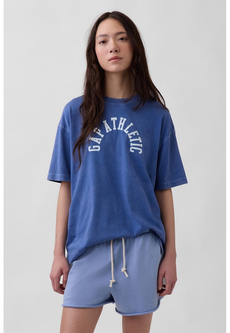 Tricou supradimensionat din bumbac organic cu imprimeu logo - Albastru inchis