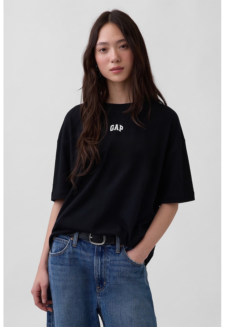 Tricou supradimensionat din bumbac organic cu imprimeu logo - Negru