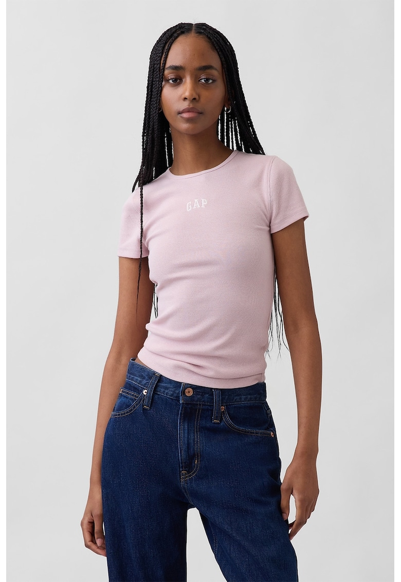 Tricou slim fit din amestec de modal cu logo brodat - Roz prafuit