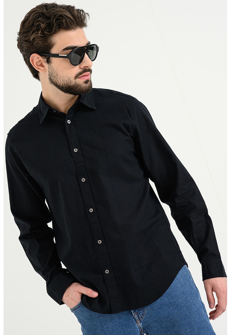 Camasa din amestec de in si bumbac cu guler clasic - Negru