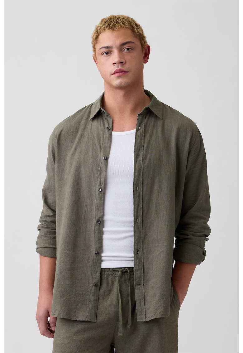 Camasa din amestec de in si bumbac cu guler clasic - Kaki