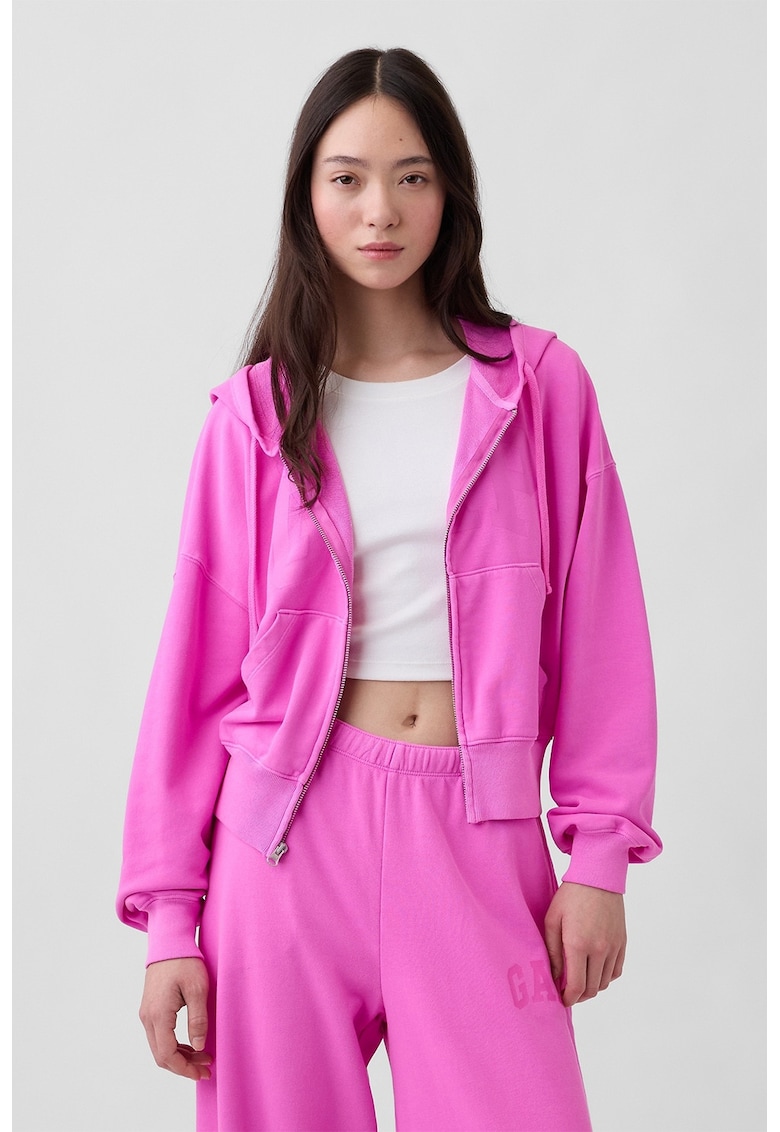 Hanorac cu fermoar si imprimeu logo - Roz neon