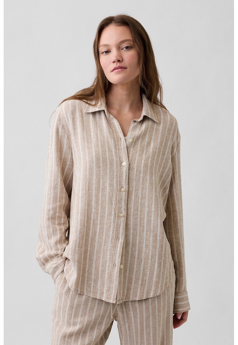 Camasa din amestec de in cu nasturi - Alb/Kaki