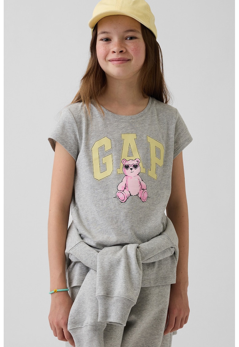 Tricou din bumbac cu imprimeu logo - Galben pastel/Gri melange