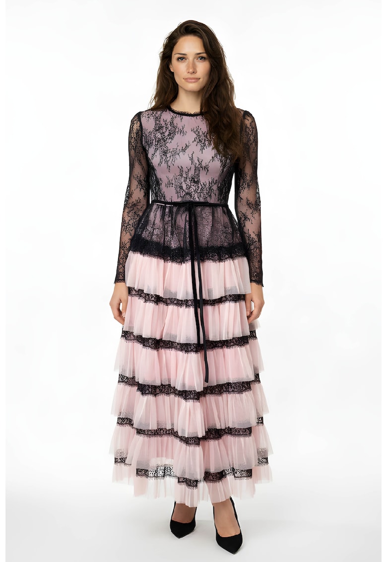 Rochie midi din dantela si tul Celena - Negru/Roz prafuit