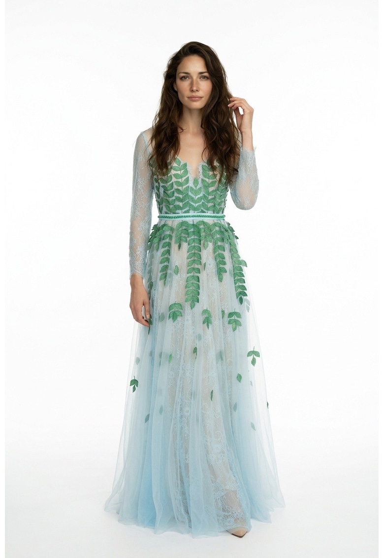 Rochie maxi din dantela si tul cu aplicatii cu frunze Camina