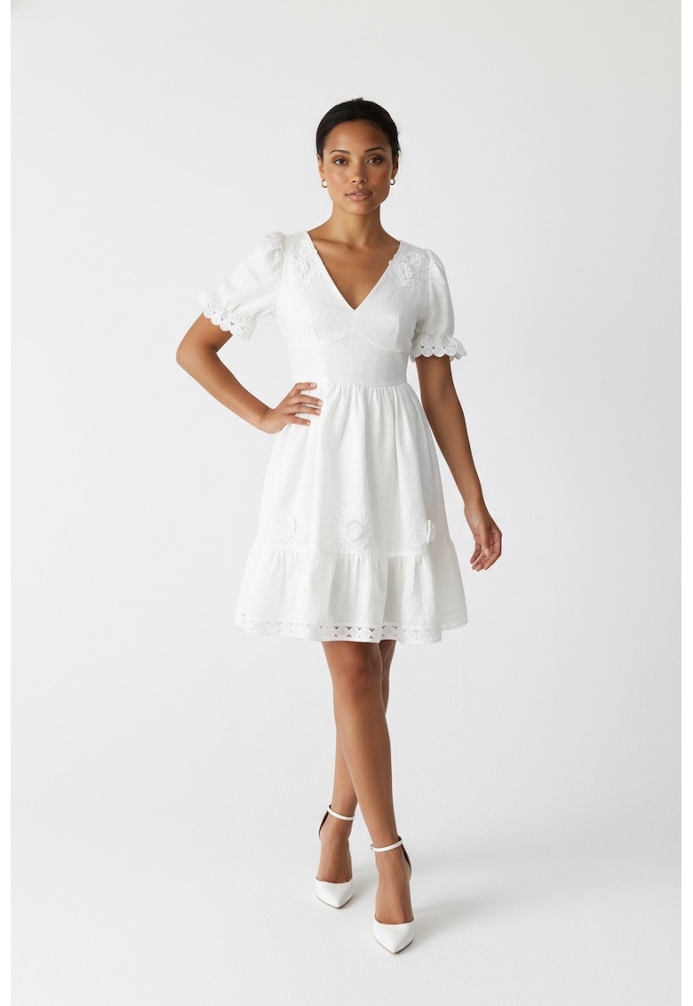 Rochie din in cu flori 3D aplicate Carolina - Alb