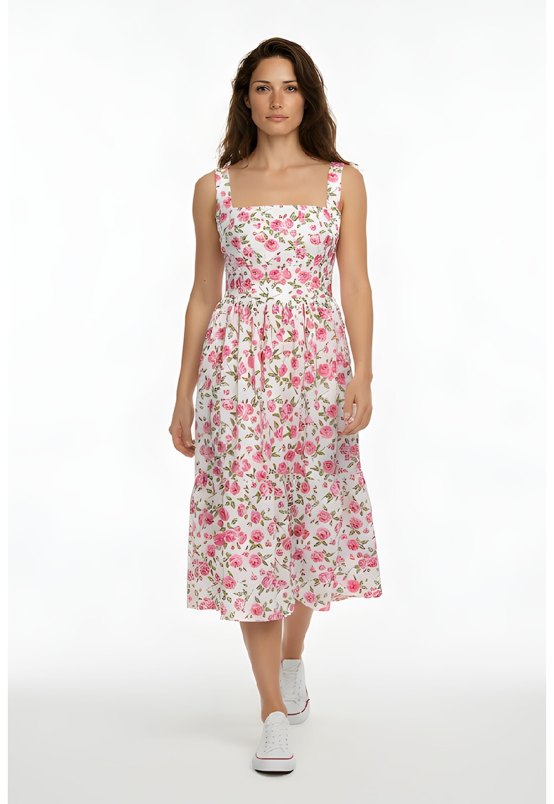 Rochie cu decolteu patrat si model floral Maxime - Roz