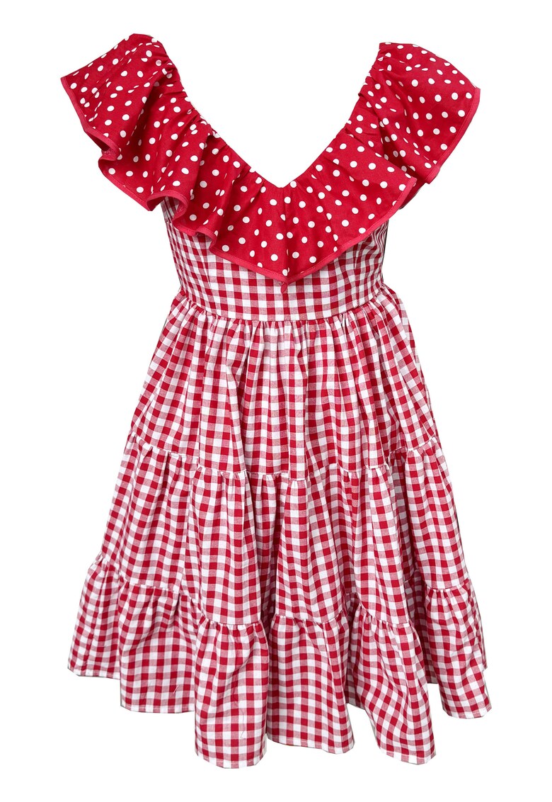 Rochie din poplin cu carouri si buline Minnie - Rosu