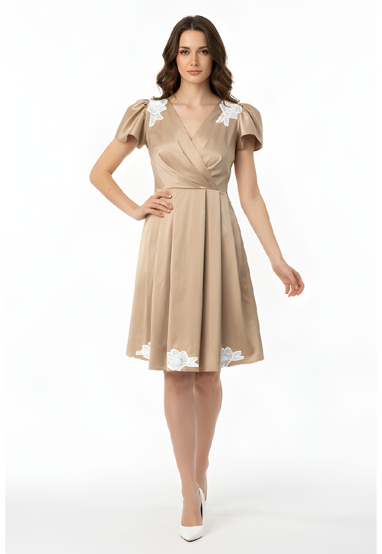 Rochie din bumbac satinat cu decolteu cache-cour Okino - Bej
