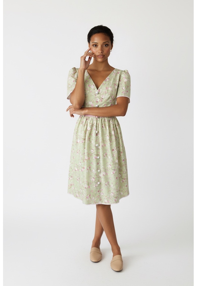 Rochie cu decolteu in V si nasturi decorativi Geri - Multicolor