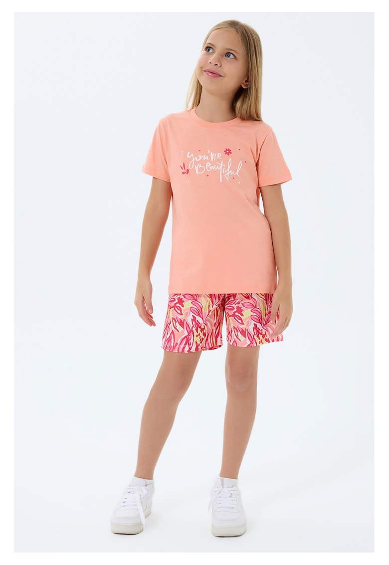 Set doua piese cu tricou si pantaloni scurti - pentru fete - Portocaliu