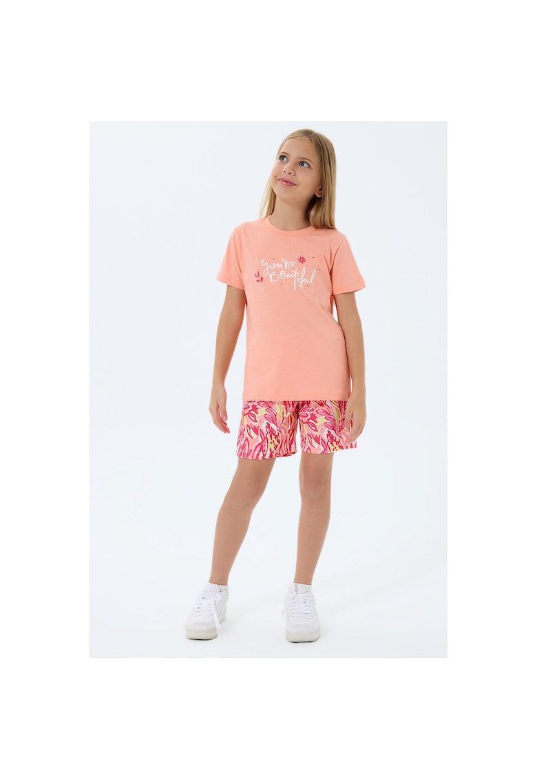 Set doua piese cu tricou si pantaloni scurti - pentru fete - Portocaliu
