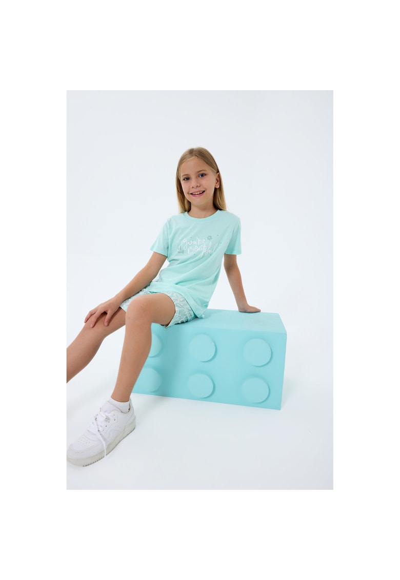 Set doua piese cu tricou si pantaloni scurti - pentru fete - Verde