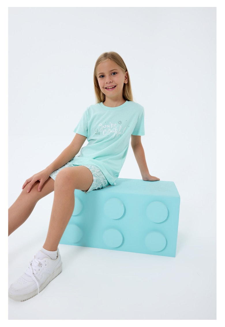 Set doua piese cu tricou si pantaloni scurti - pentru fete - Verde