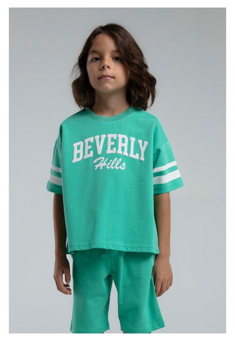 Set doua piese cu tricou si pantaloni scurti - pentru baieti - decolteu la baza gatului si model - Verde menta - Verde menta