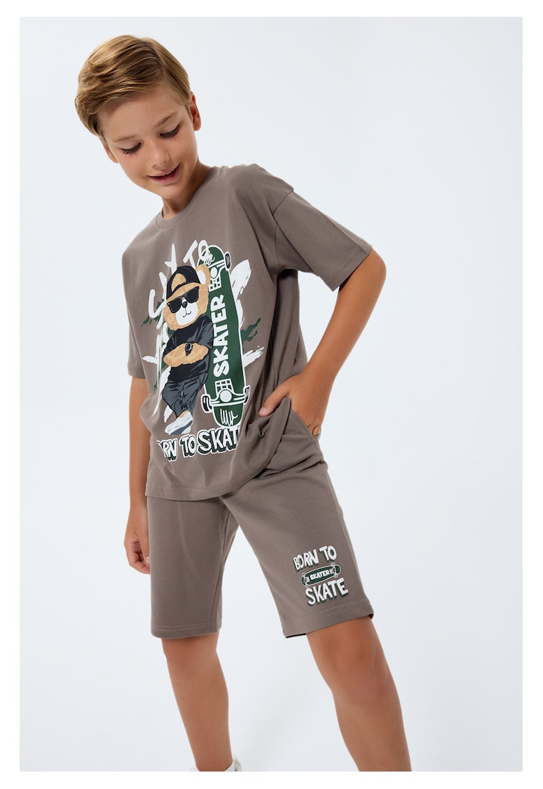 Set doua piese cu tricou si pantaloni scurti - pentru baieti - Maro inchis