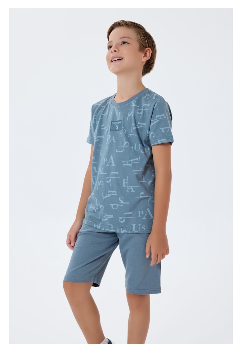 Set doua piese cu tricou si pantaloni scurti - pentru baieti - Albastru indigo - Gri