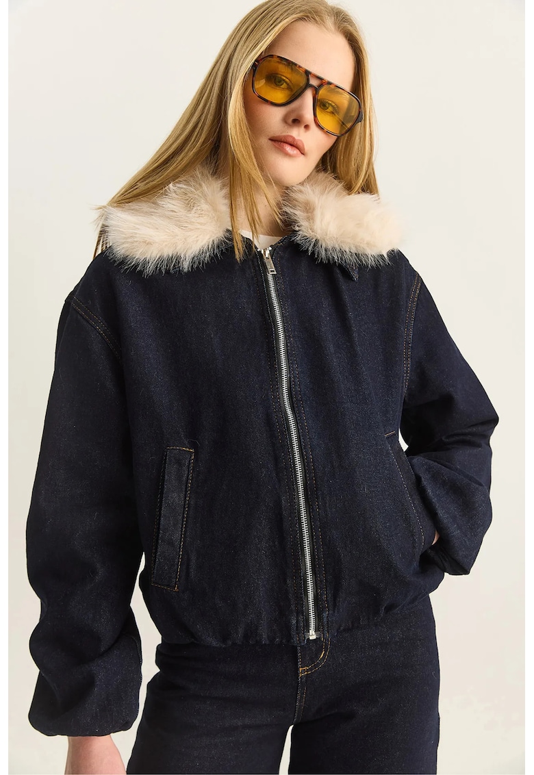Geaca scurta din denim detalii din blana artificiala - albastru marin - bumbac
