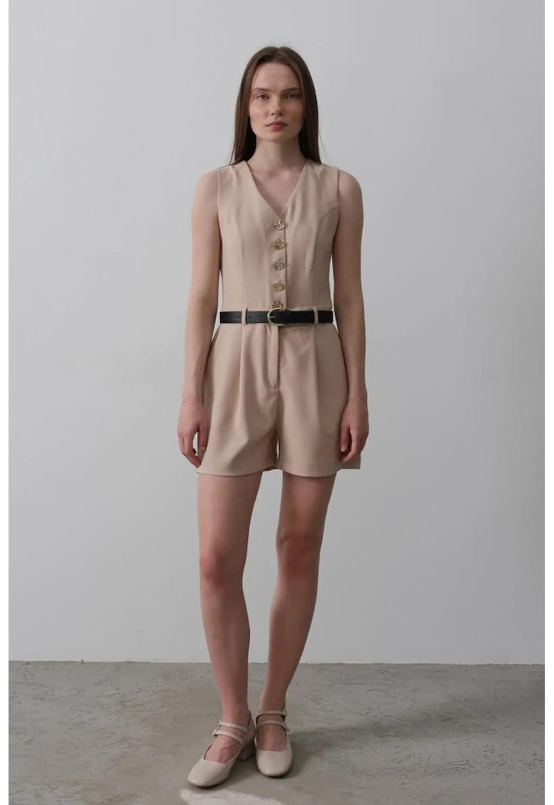 Salopeta dama - scurta - decolteu in V cu curea - Natural - textil