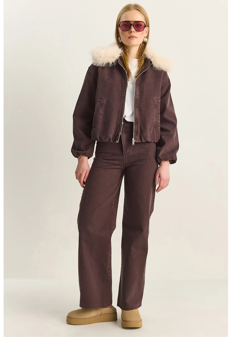 Geaca dama - scurta din denim - detalii din blana artificiala - maro - bumbac