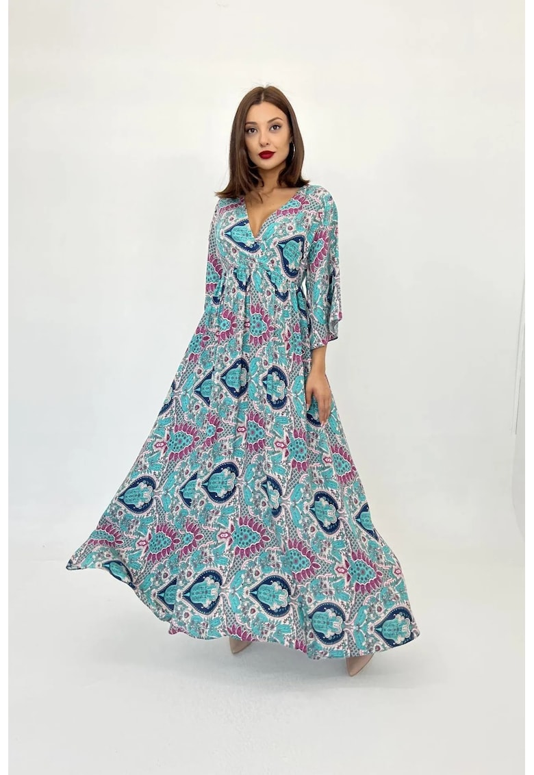 Rochie midi decolteu in V - multicolor - bumbac/poliester/elastan