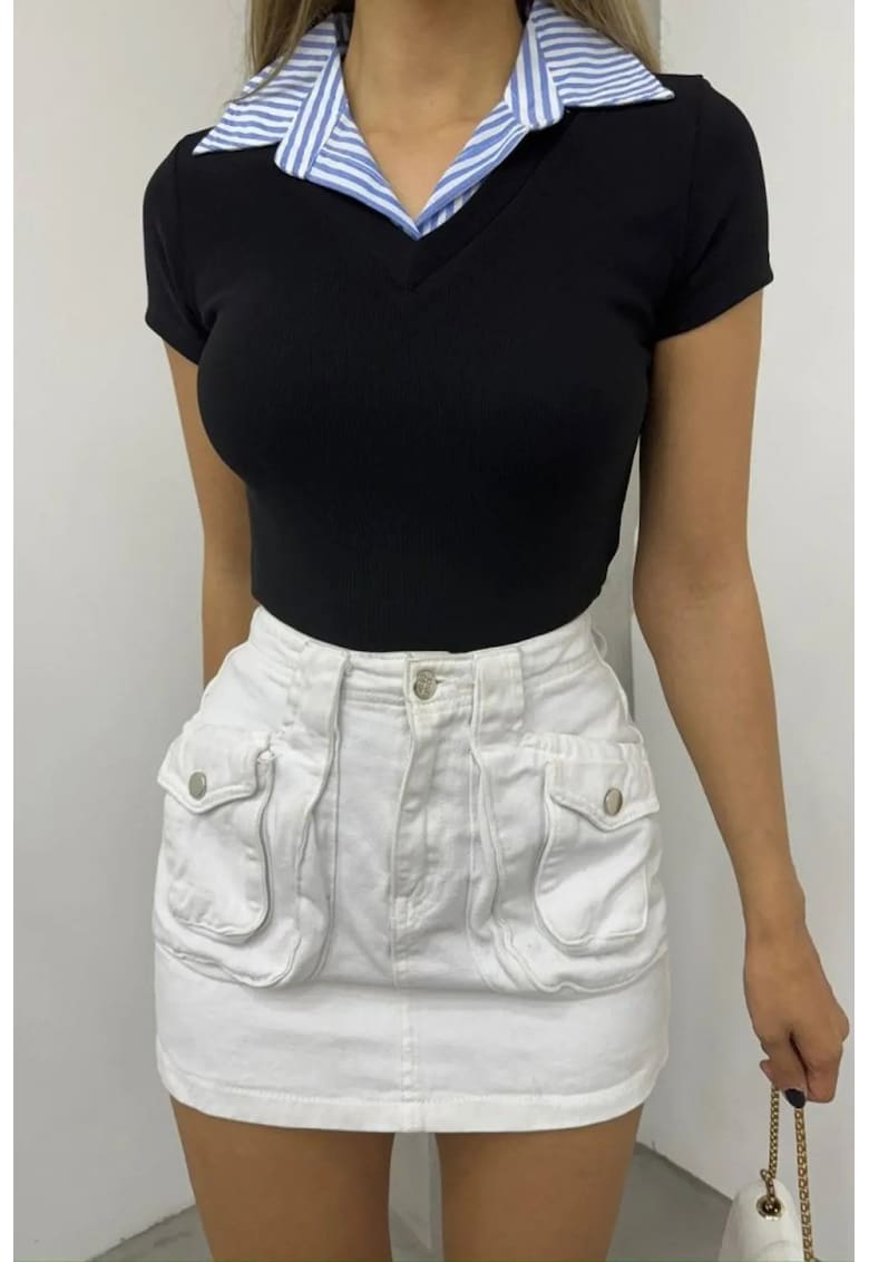 Bluza dama - Slim Fit - negru - jerseu bumbac poliester