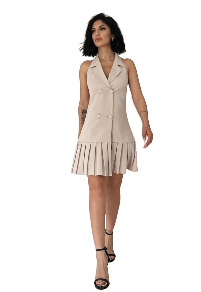 Rochie mini - guler tip jacheta - inchidere cu nasturi - bej natural - bumbac/poliester/elastan