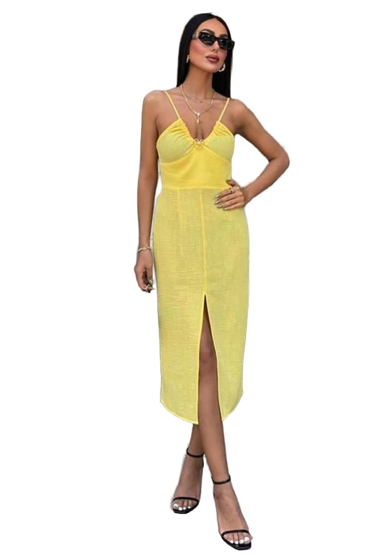 Rochie midi - texturata - decolteu in V - galben - bumbac/poliester/elastan
