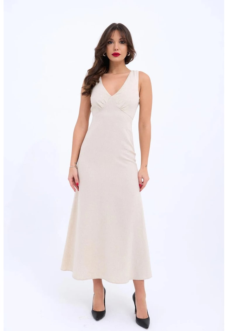 Rochie Midi - Fara Maneci - Bej Natural - Jerseu - Bumbac/Poliester/Elastan