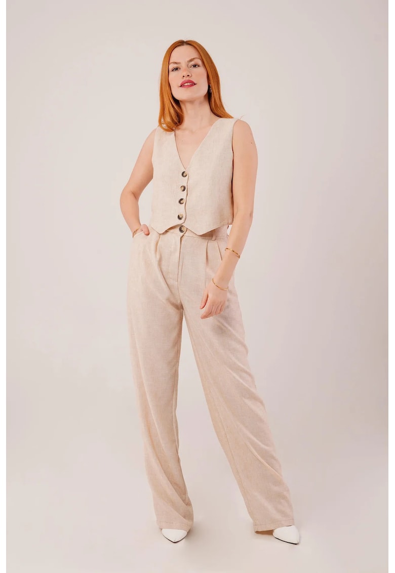 Costum din doua piese - vesta cu nasturi la gat - pantaloni cu picior larg - bej natural - textil -