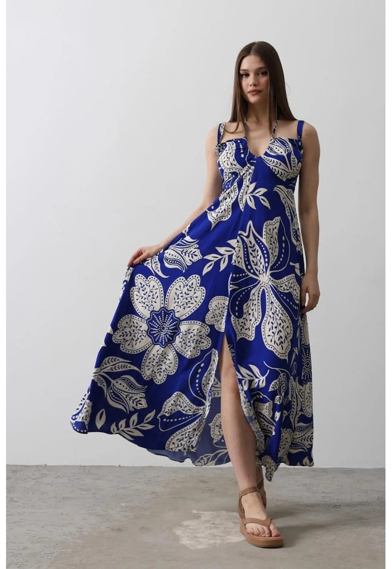 Rochie midi cu decupaje florale - albastru - bumbac/poliester/elastan