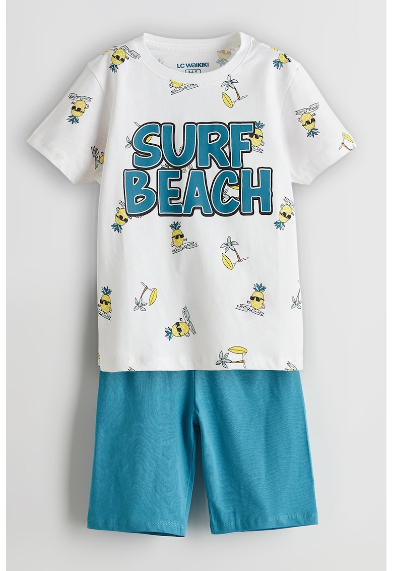 Pijama scurta cu imprimeu tropical - Albastru inchis/Galben sofran/Alb optic