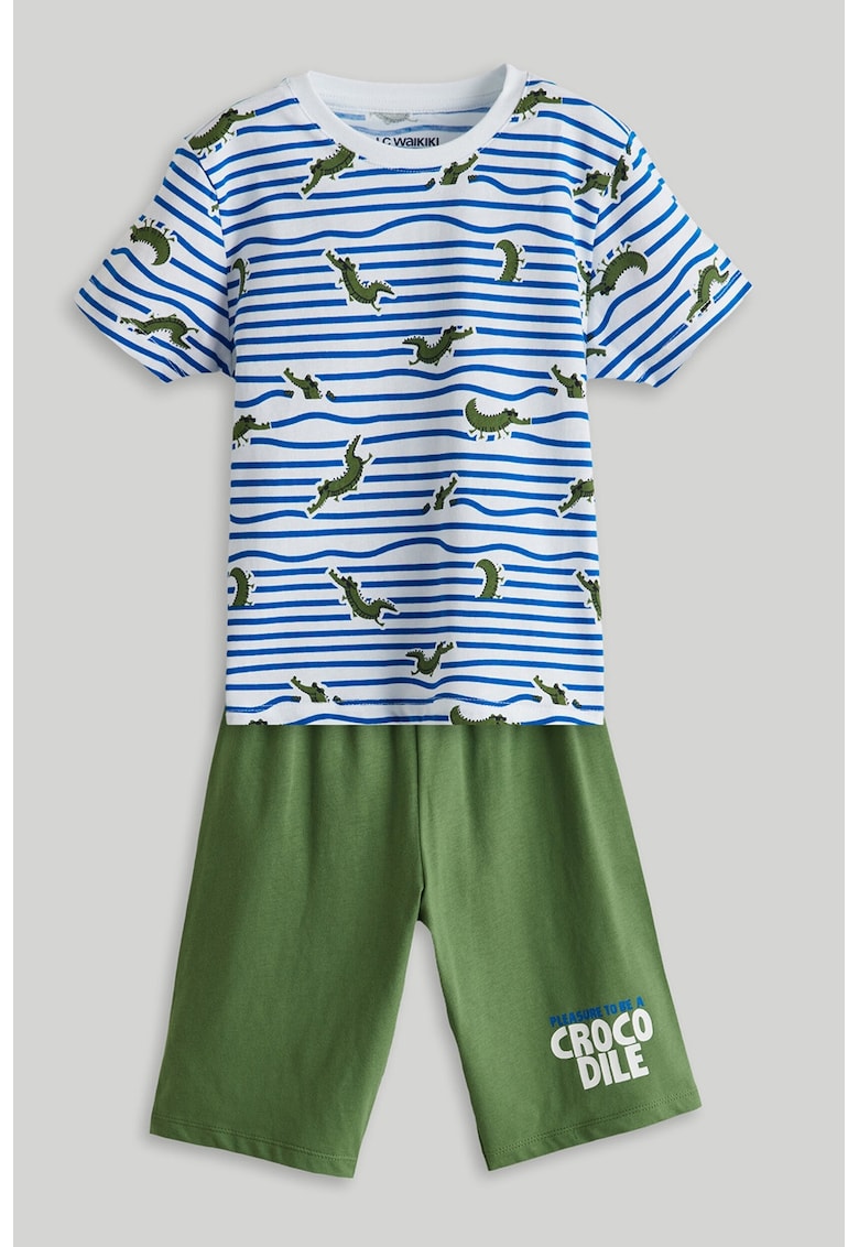 Pijama scurta cu model crocodil - Albastru royal/Verde masliniu/Alb optic