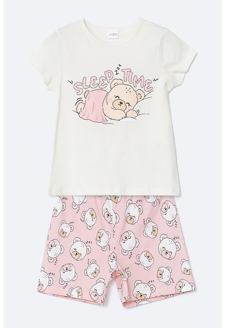 Pijama scurta cu imprimeu cu ursulet - Alb murdar/Roz prafuit/Bej deschis