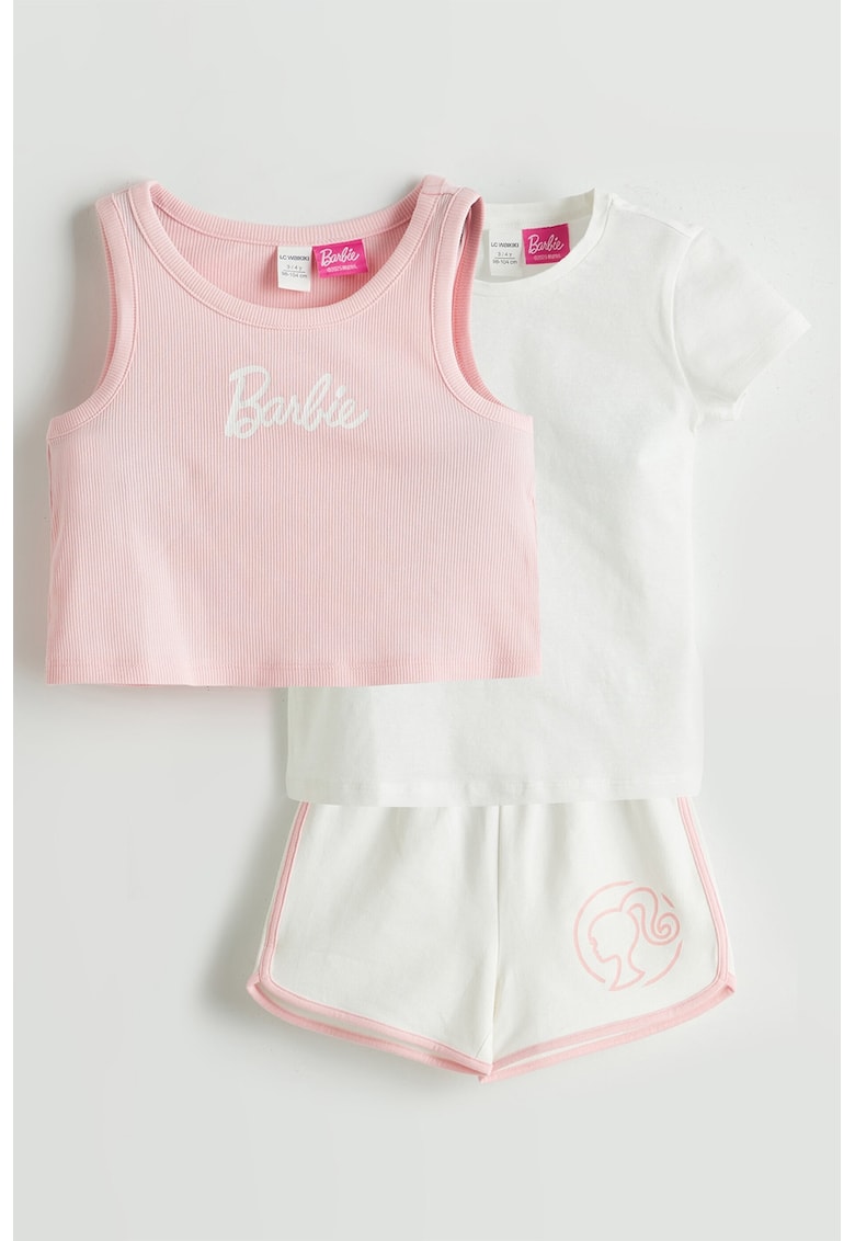 Set de tricou - top si pantaloni scurti Barbie - 3 piese - Roz pastel/Alb murdar