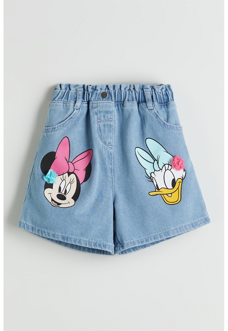 Blugi scurti cu talie elastica si imprimeu cu Minnie Mouse - Albastru inchis