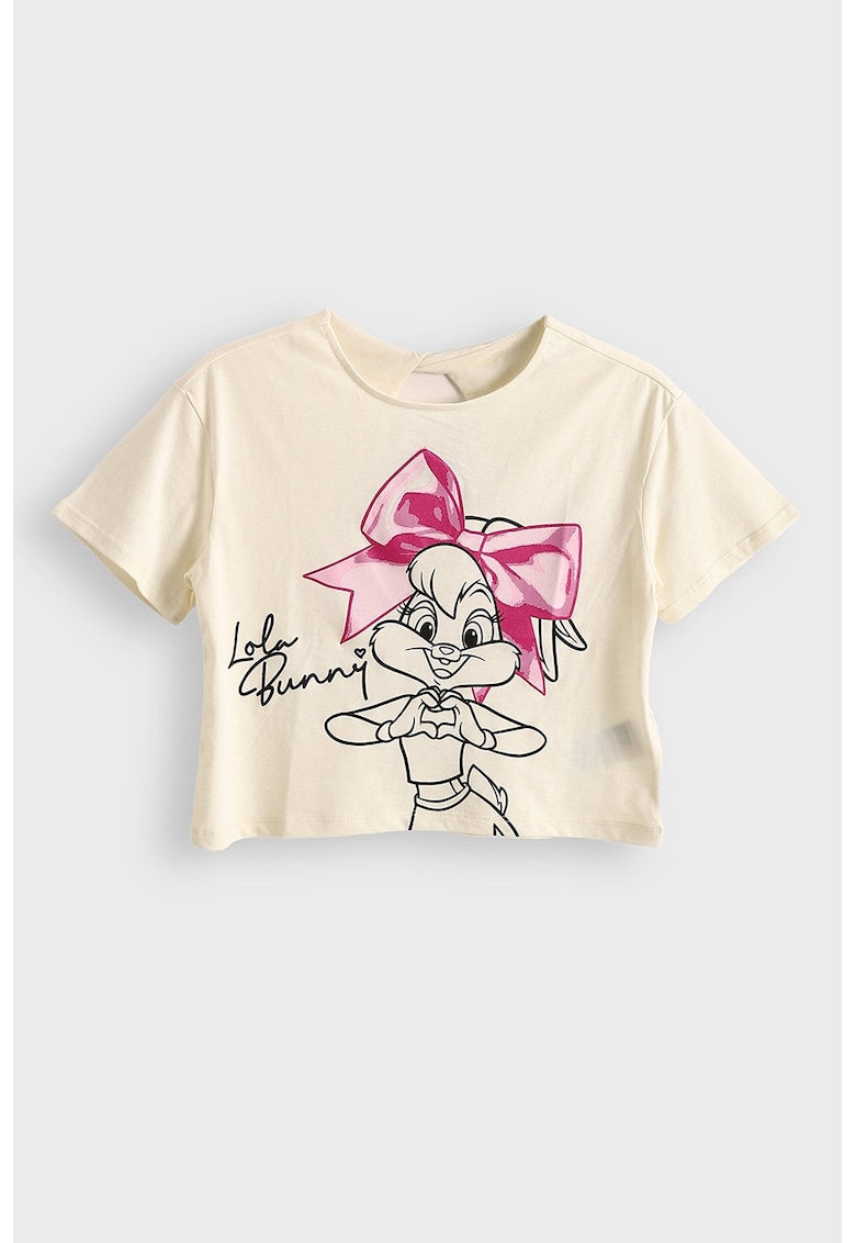 Tricou cu imprimeu si decolteu la baza gatului Lola Bunny - Roz pastel/Galben pal/Negru stins