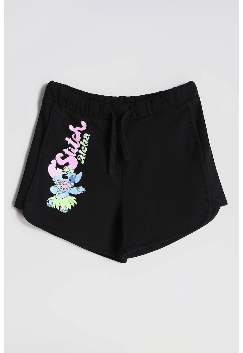 Pantaloni scurti cu imprimeu si talie ajustabila Stitch - Negru