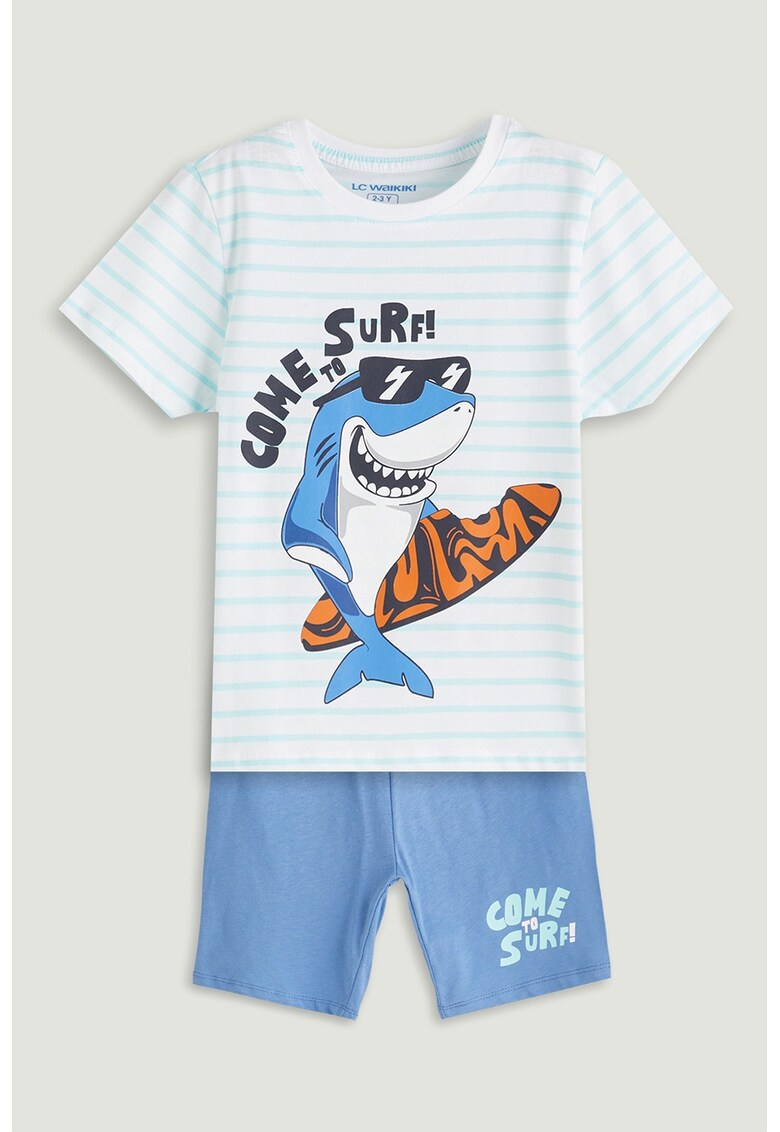 Pijama scurta din bumbac cu model - Albastru pastel/Portocaliu mandarina/Alb optic