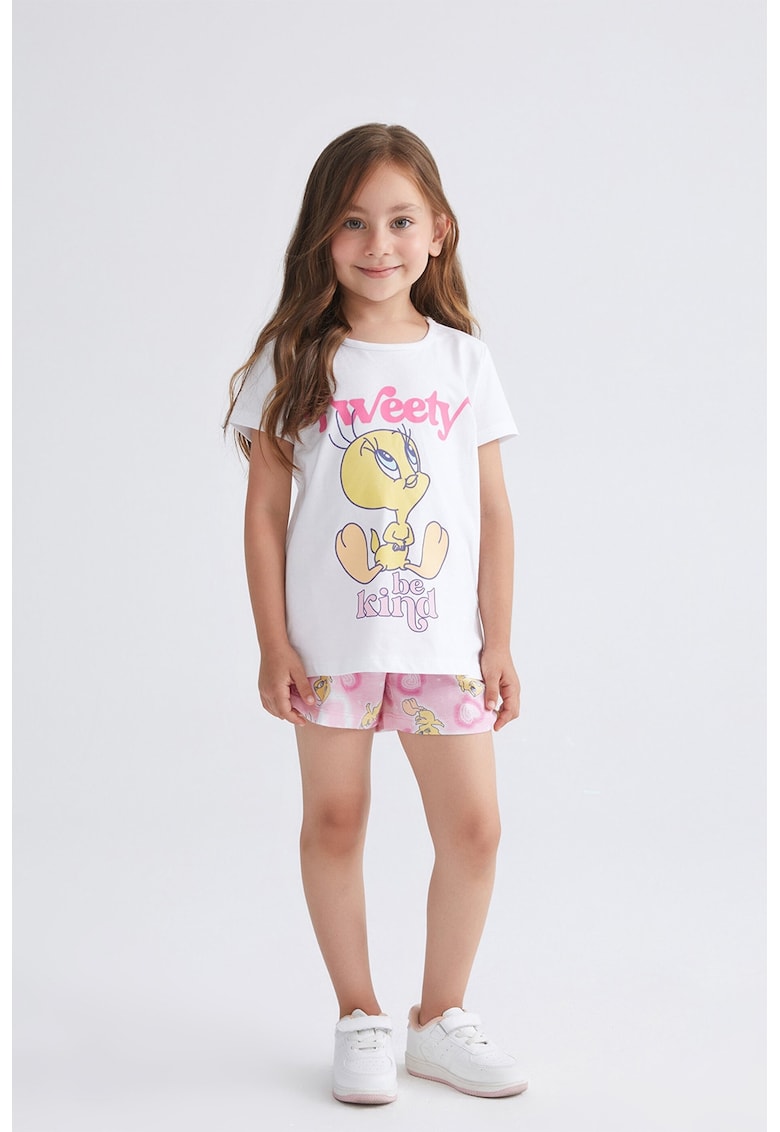 Pijama scurta din bumbac cu model - Roz pastel/Galben pal/Alb murdar