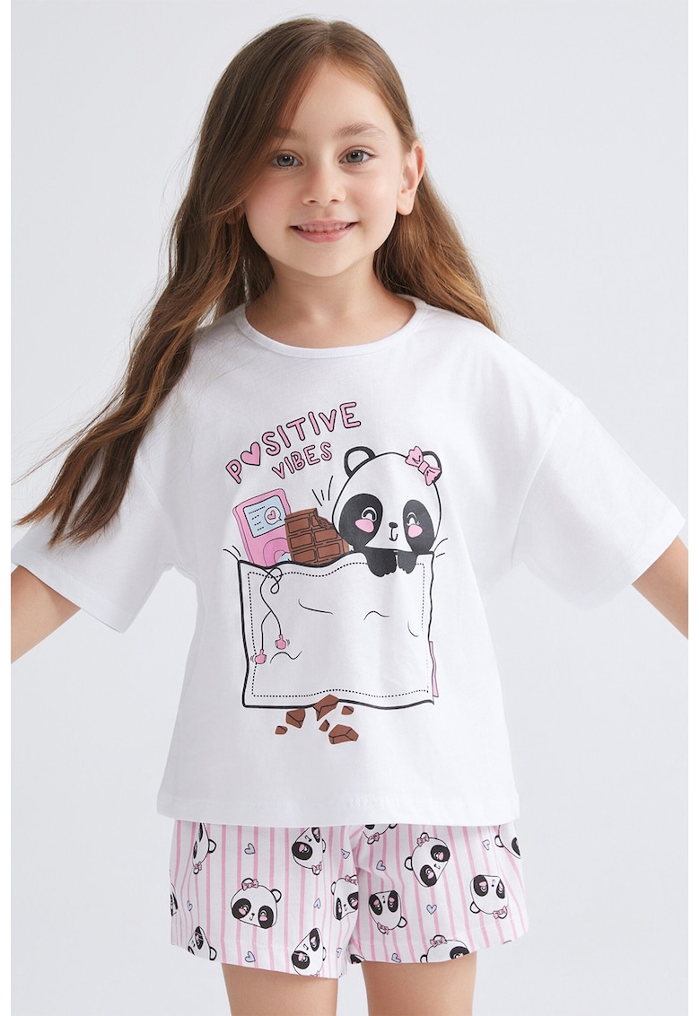 Pijama scurta din bumbac cu model - Alb murdar/Roz prafuit