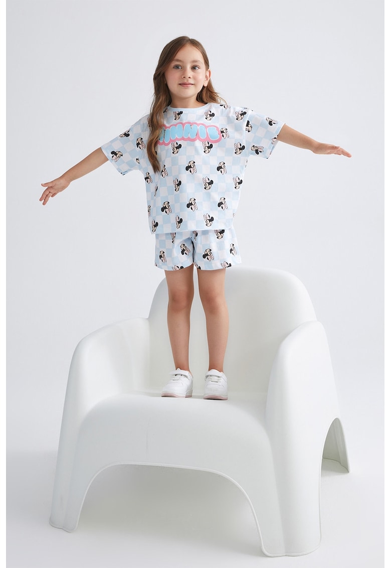 Pijama scurta din bumbac cu model cu Minnie Moiuse - Albastru pastel/Negru stins/Alb optic