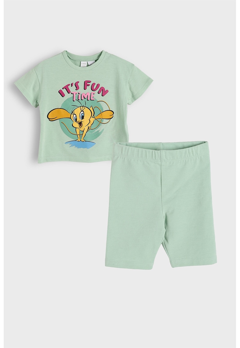 Set de tricou si pantaloni scurti cu imprimeu cu Tweety - Verde pal