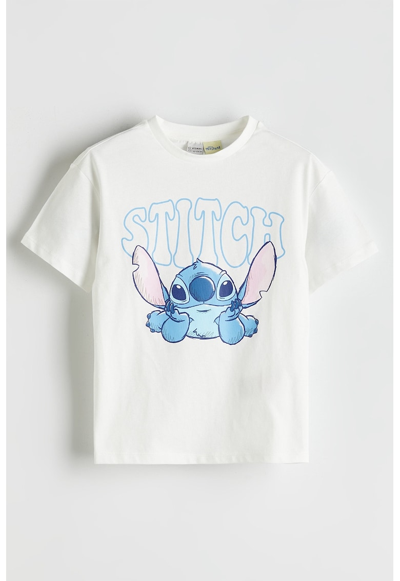 Tricou din bumbac cu imprimeu cu Stitch - Albastru pastel/Alb murdar